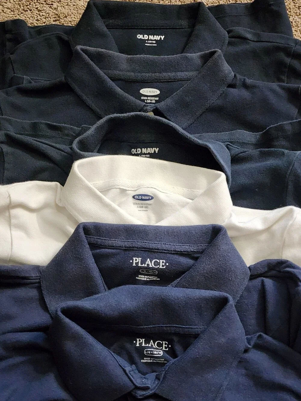 Boys Size 10-12 Uniforms, 6 Polo Shirts, Size 10 Shorts, Flaws Shown